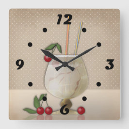 ベージュグランジレトロヴィンテージカクテルガラスさくらんぼp スクエア壁時計