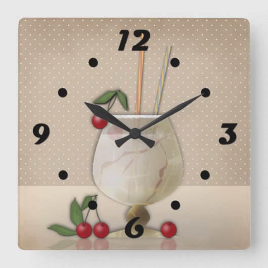 ベージュグランジレトロヴィンテージカクテルガラスさくらんぼp スクエア壁時計 (正面)
