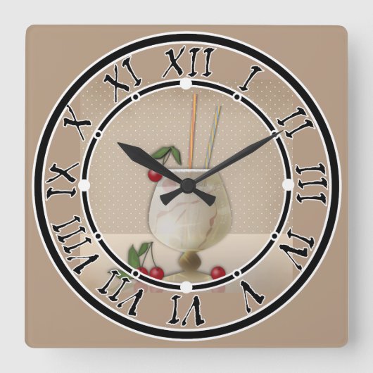ベージュグランジレトロヴィンテージカクテルグラスさくらんぼp スクエア壁時計 (正面)