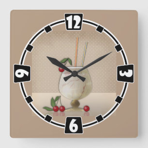 ベージュグランジレトロヴィンテージカクテルグラスさくらんぼp スクエア壁時計