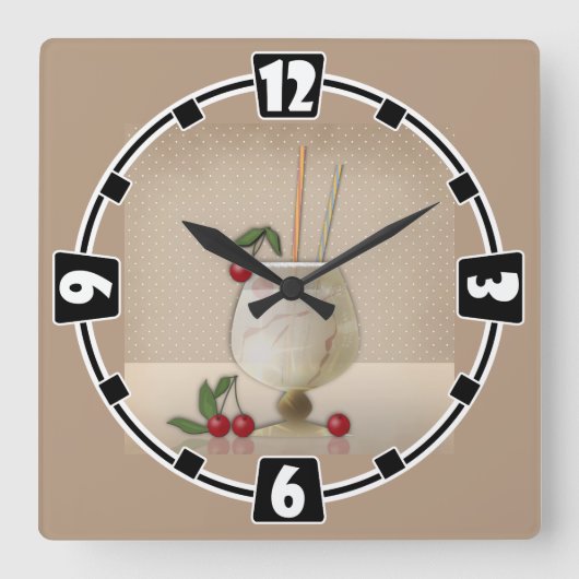 ベージュグランジレトロヴィンテージカクテルグラスさくらんぼp スクエア壁時計 (正面)