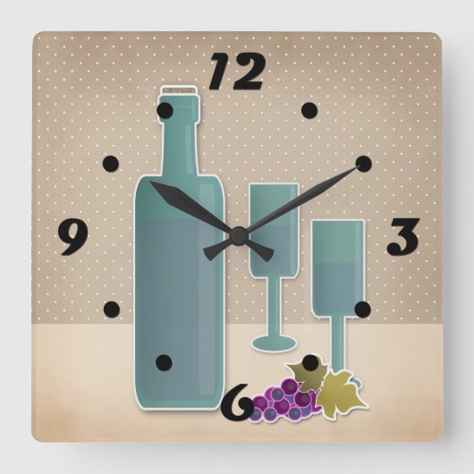 ベージュグランジレトロヴィンテージワイングラスのグレープポルク スクエア壁時計 (正面)