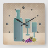 ベージュグランジレトロヴィンテージワイングラスのグレープポルク スクエア壁時計 (正面)
