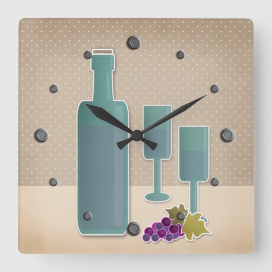 ベージュグランジレトロヴィンテージワイングラスのグレープポルク スクエア壁時計 (正面)
