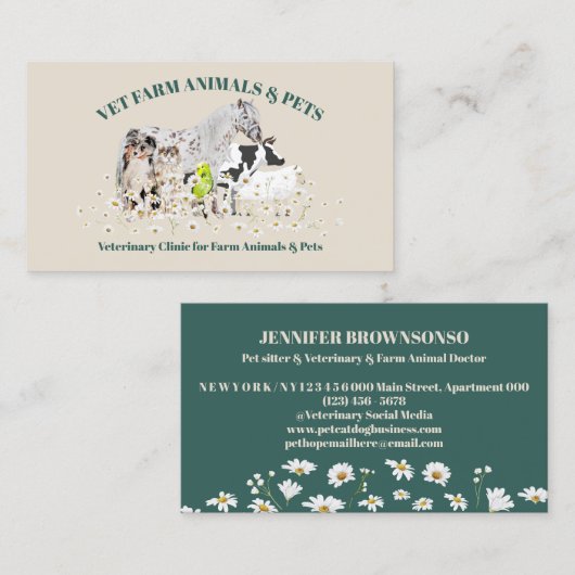 ベージュグリーンデイジーフラワーズファーム動物 名刺 (正面/裏面)