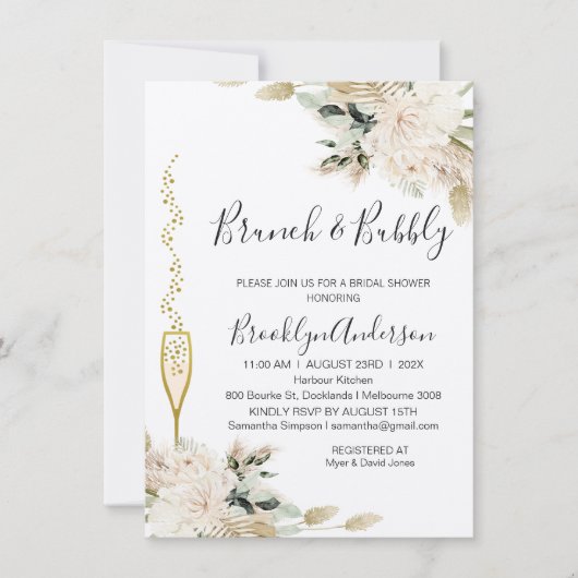 ベージュグリーンボホーブルンチシャンパンブライダルシャワー 招待状 (正面)