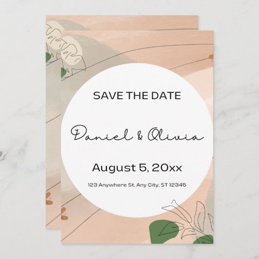 ベージュグリーン抽象芸術日付の保存招待状 セーブザデート (正面/裏面)