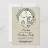ベージュグリーン金ゴールドホワイトエレファントクリスマスパーティー 招待状 (正面)