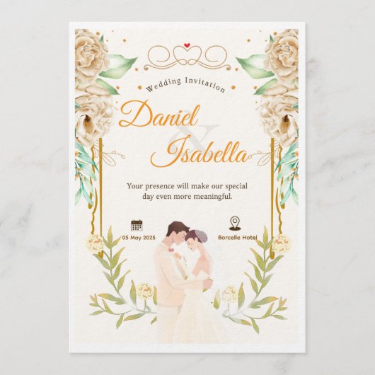 ベージュグリーン フローラル ウォーターカラー 結婚式 招待状 (正面)
