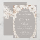 ベージュグレー ホワイト フラワー パール ウェディングシャワー 招待状 (正面/裏面)