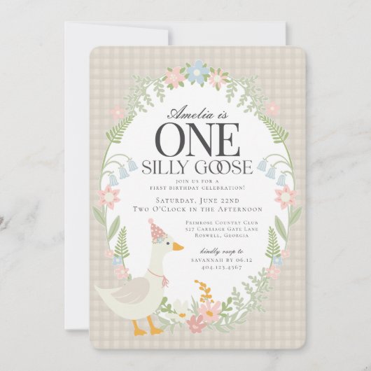 ベージュグ間抜けガチョウフローラジンガムファースト誕生日 招待状 (正面)
