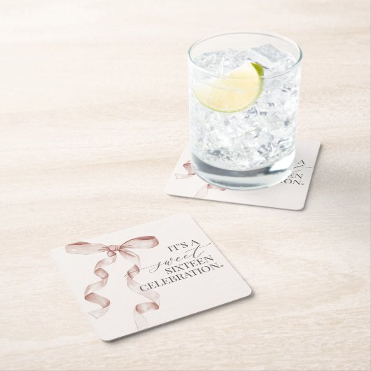 ベージュコケットボウスウィート16誕生日パーティードコール スクエアペーパーコースター (インサイチュ)