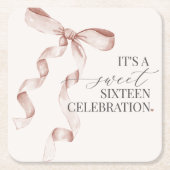 ベージュコケットボウスウィート16誕生日パーティードコール スクエアペーパーコースター (正面)