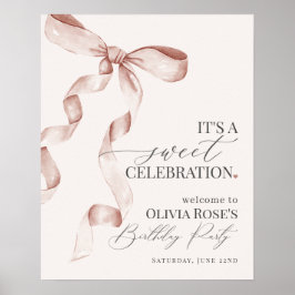 ベージュコケットボウバースデーパーティーウェルカムサイン ポスター