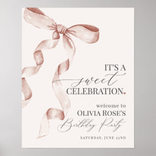 ベージュコケットボウバースデーパーティーウェルカムサイン ポスター