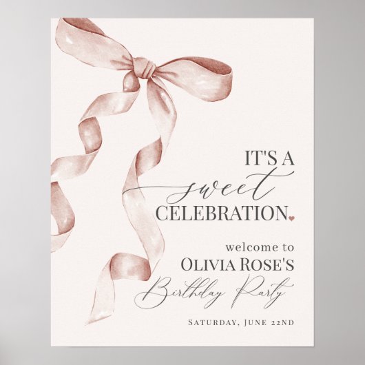 ベージュコケットボウバースデーパーティーウェルカムサイン ポスター (正面)