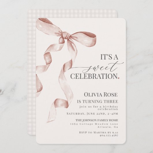 ベージュコケットボーガールバースデーパーティーの招待 (正面/裏面)