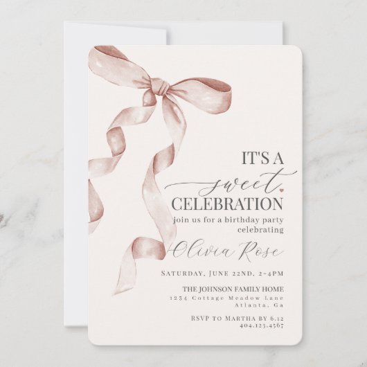 ベージュコケットボーガールバースデーパーティーの招待 (正面)