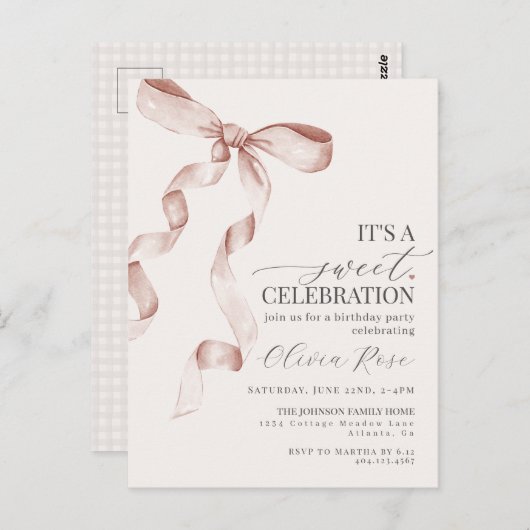 ベージュコケットボーガールバースデーパーティーの招待 ポストカード (正面/裏面)