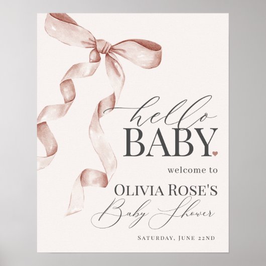 ベージュコケット弓女の子ベビーシャワーウェルカムサイン ポスター (正面)