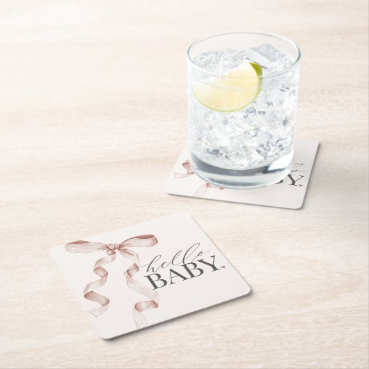 ベージュコケット弓女の子ベビーシャワーデコール スクエアペーパーコースター (インサイチュ)
