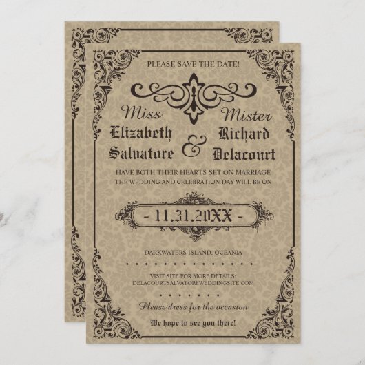 ベージュゴシックダマビクトリアンスクが日付を救う セーブザデート (正面/裏面)