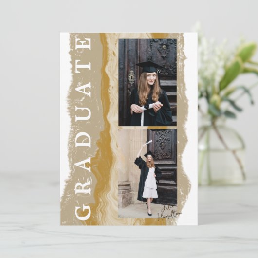 ベージュゴールドマーブル卒業発表カード 招待状 (スタンド正面)