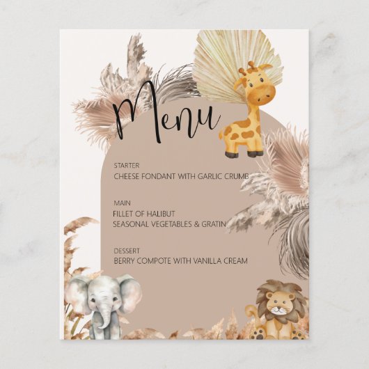 ベージュサファリテーマジャングル動物キッズパーティーメニュー (正面)