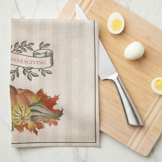 ベージュサンクスギビングカボチャとスカッシュ キッチンタオル (四つ折り)
