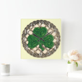 ベージュシャムロックアンドケルト結び目模様スクエア時計 スクエア壁時計 (ホーム)