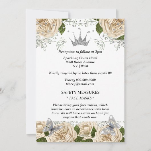 ベージュシルバーティアラバタフライバラキンセアニェラ 招待状 (裏面)