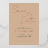ベージュシンプルスタイルウェディング日付を保存 箔招待状 (正面)