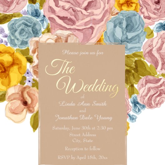 ベージュシンプルスタイル結婚ズ 箔招待状