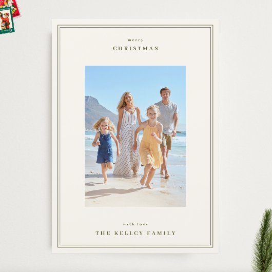 ベージュシンプルフォトクリスマスにモスグリーン シーズンカード