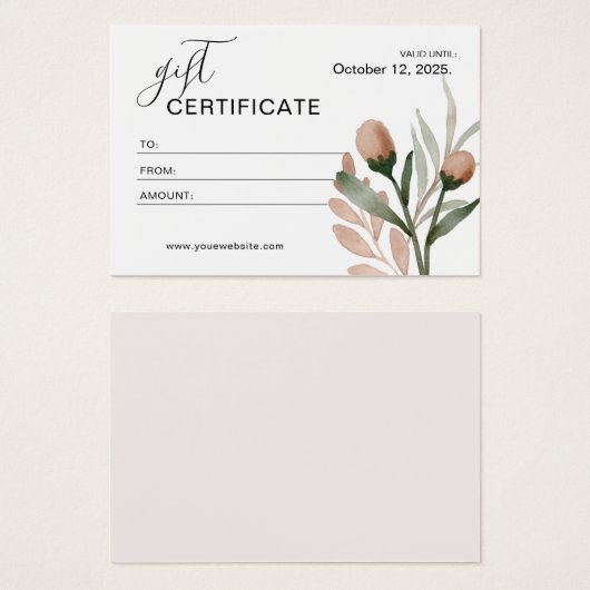 ベージュシンプル水彩色フローラギフト証明書 (正面&裏面)