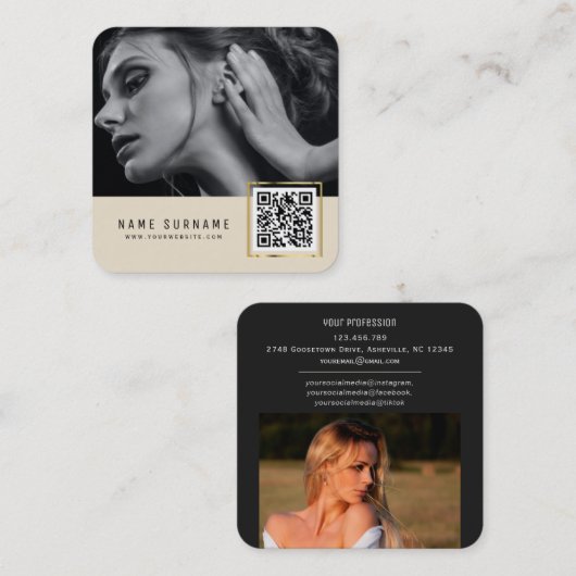 ベージュスキャン可能なバーコードQRコード写真  スクエア名刺 (正面/裏面)