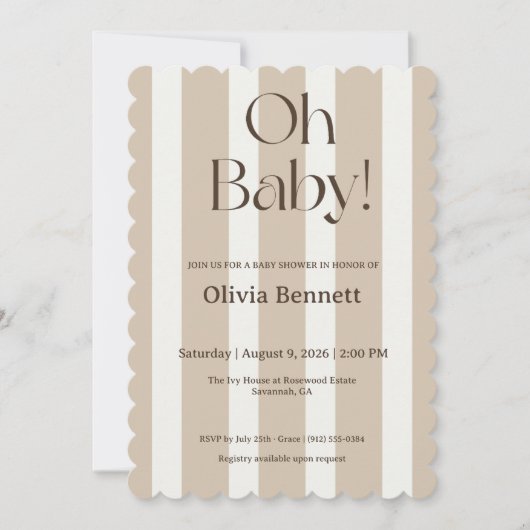 ベージュストライプのベビーシャワー招待状 Oh Baby 招待状 (正面)