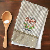 ベージュストライプーズホリー離れクリスマス キッチンタオル