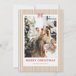 ベージュストライプ 赤いリボン クリスマス 写真 ホリデーカード