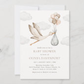 ベージュストーク男女兼用デリバリー赤ちゃんシャワー 招待状 (正面)