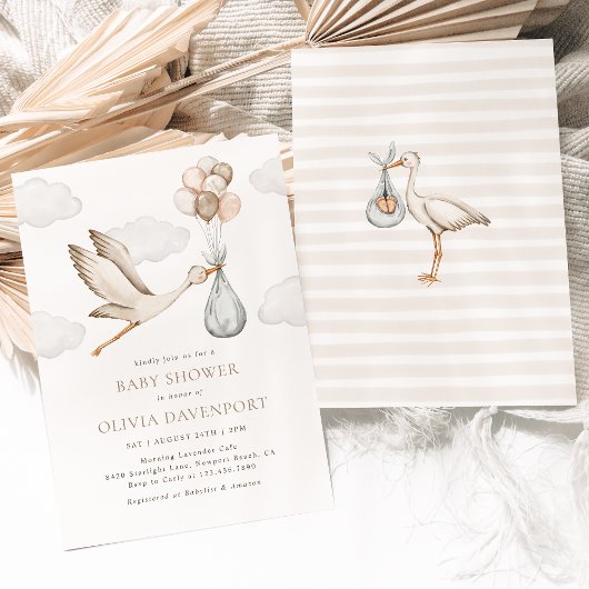 ベージュストーク男女兼用デリバリー赤ちゃんシャワー 招待状