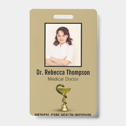 ベージュスネークメディカルボウル衛生人金ゴールド写真ID バッジ (Front)