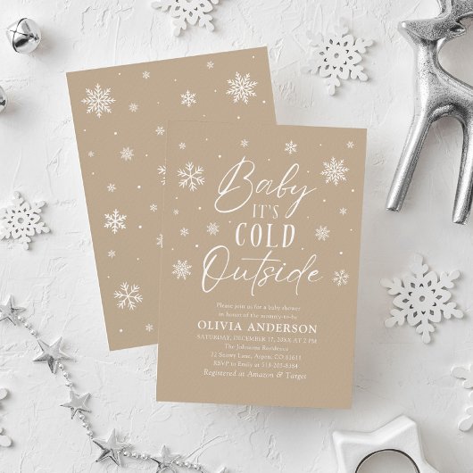 ベージュスノーフレークベビーベビーシャワー外は寒い 招待状