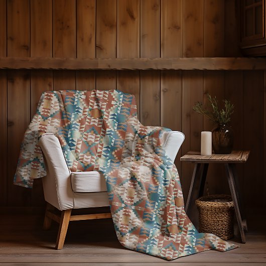 ベージュタウペレッドブラウンティール（緑がかった色）ブルートライバルアートパターン フリースブランケット