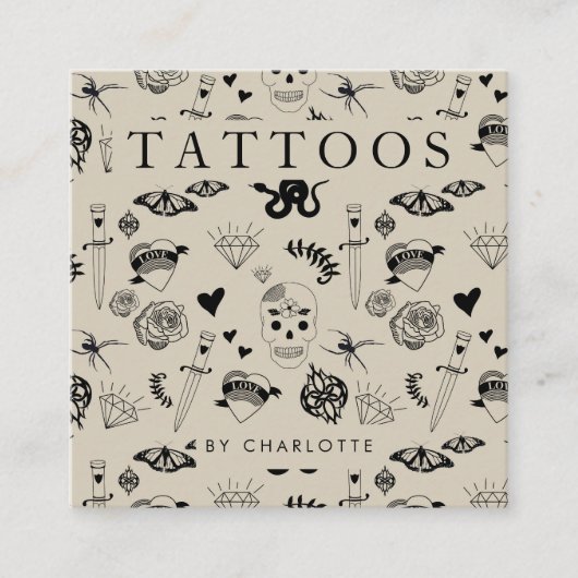 ベージュタトゥーアーティストカスタムソーシャルメディアアイコン スクエア名刺 (正面)