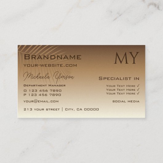 ベージュタンのグラデーションとパームの葉とモノグラム 名刺 (裏面)