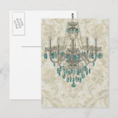ベージュダマスクカントリーフランスのブルーシャンデリア ポストカード (正面/裏面)