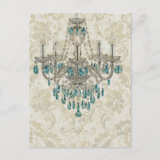 ベージュダマスクカントリーフランスのブルーシャンデリア ポストカード (正面)