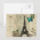 ベージュダマスクバタフライバラパリエッフェルタワー ポストカード (正面/裏面)