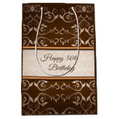 ベージュダマスクバラストライプ金ゴールド ミディアムペーパーバッグ (正面)